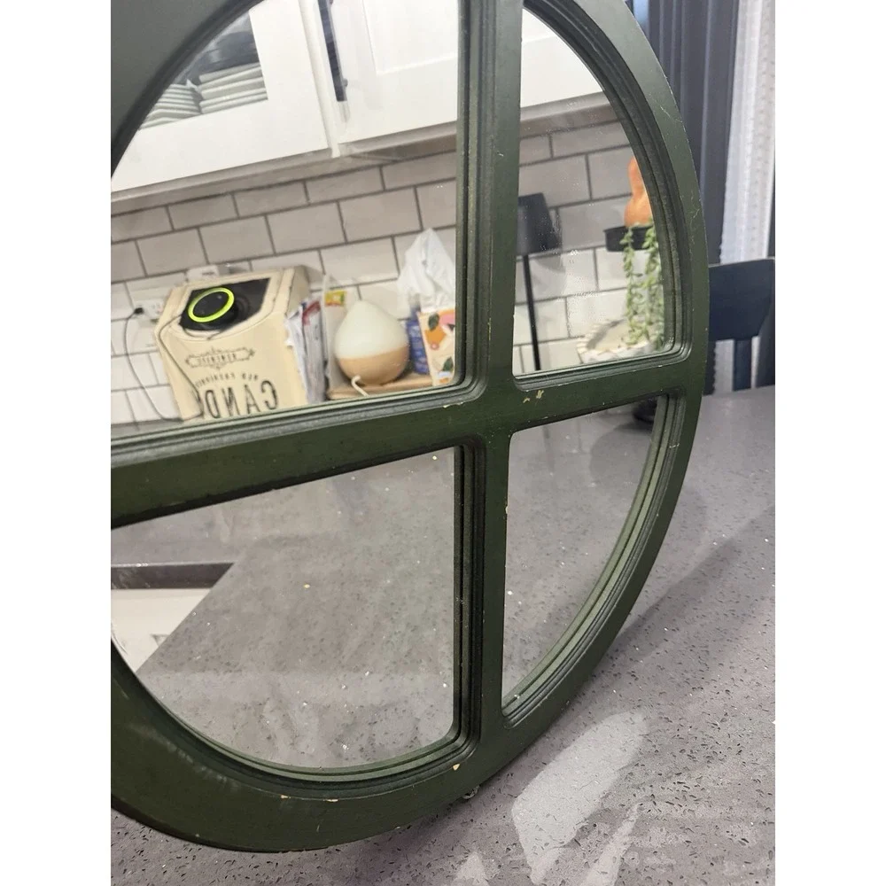 Vtg Round Wood Frame Window Mirror Wall Green Rustic Cottage Core Coastal